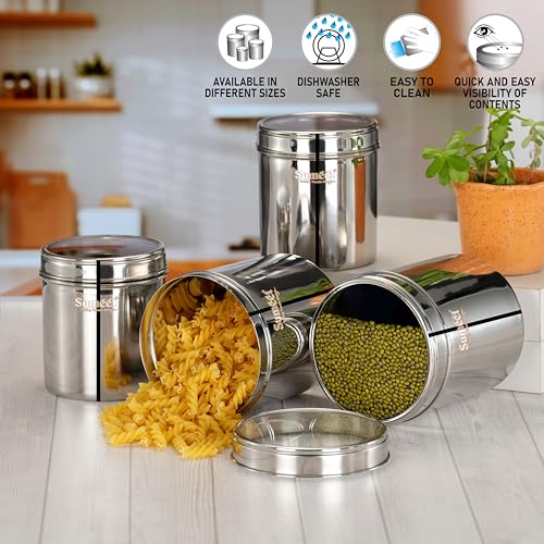 Sumeet Stainless Steel Containers/Jars/Dabba for Kitchen Storage with See Through Lids - set of 4Pcs, 1350ml + 2050ml capacity, 11.7cm & 13.5cm Dia, Silver