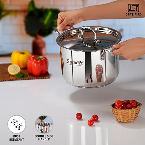 Sumeet ISI Certified Stainless Steel Casserole Handi/Stock Pot/Biryani Pot/Dutch Oven with Steel Lid - Even Heat, Cook-N-Serve, Gas and Induction Friendly, 20Cm, 4.2Ltr, Silver
