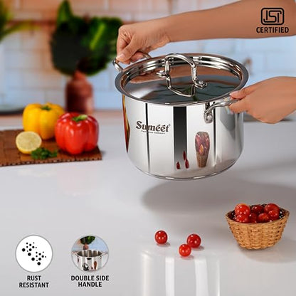 Sumeet ISI Certified Stainless Steel Casserole Handi/Stock Pot/Biryani Pot/Dutch Oven with Steel Lid - Even Heat, Cook-N-Serve, Gas and Induction Friendly, 20Cm, 4.2Ltr, Silver