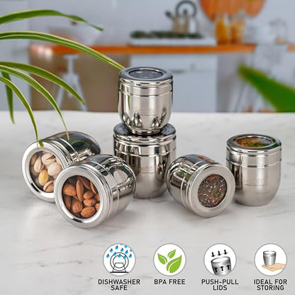 Sumeet Stainless Steel Conical Shape Canisters/Dabba/Storage Containers for Kitchen with See Through Lid, Set of 6 Pcs, (150ml-6cm Dia-3Pc & 250ml-7cm Dia-3Pc), Silver