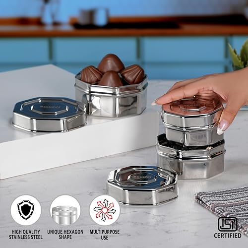 Sumeet ISI Certified Stainless Steel Hexagon Shape Small Canisters/Dabba/Storage Containers for Kitchen, Set of 3, 210ml. 270ml, 380ml - Silver