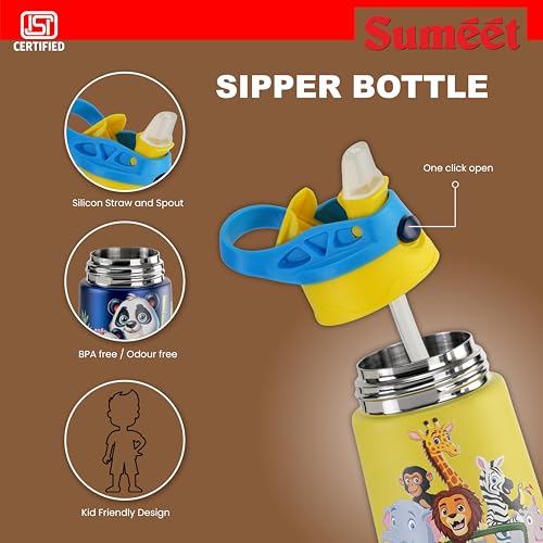 Sumeet ISI Certified Insulated Hot & Cold Stainless Steel, Leak Proof, Lightweight, Sipper Water Bottle for School Kids - SipZoo, 350ml - Yellow