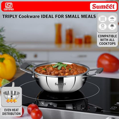 Sumeet Cook Smart ISI Certified Tri-Ply (Steel - Aluminium - Steel) Mini Kadai with Silicon Grip | Induction and Gas Friendly | 2.5mm Thick | 370ml -12Cm, Silver