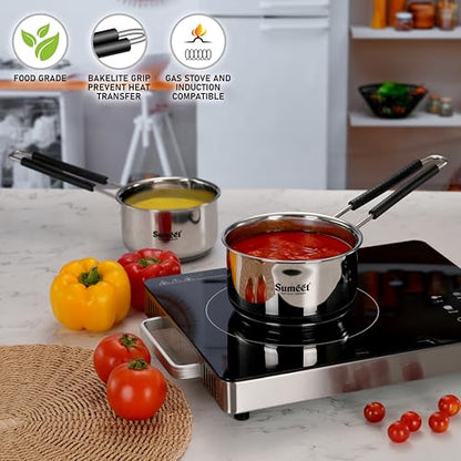 Sumeet Stainless Steel Induction Bottom Gas Stove & Induction Friendly Saucepan/Milk Pan/Tea Pan Set of 2 Pcs with Rivited Bacelite Wire Handle, 900ml & 1250ml / 12 & 14cm Dia, Silver