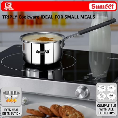 Sumeet Cook Smart ISI Certified Tri-Ply (Steel - Aluminium - Steel) Mini SauceTadka Pan with Silicon Grip | Induction and Gas Friendly | 2.5mm Thick | 450ml -10Cm, Silver