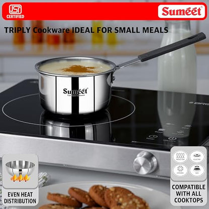 Sumeet Cook Smart ISI Certified Tri-Ply (Steel - Aluminium - Steel) Mini SauceTadka Pan with Silicon Grip | Induction and Gas Friendly | 2.5mm Thick | 450ml -10Cm, Silver