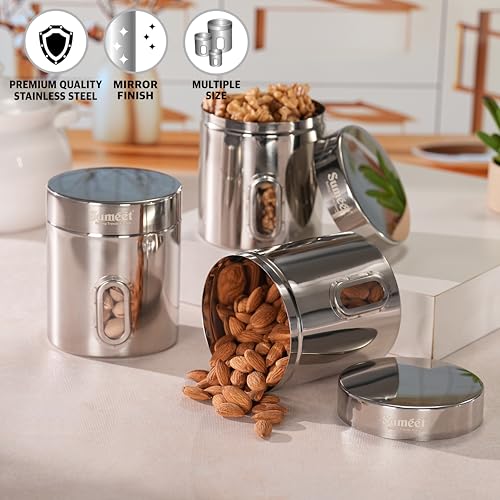 Sumeet Stainless Steel Small Containers/Jars/Dabba for Kitchen Storage with See Through Window - set of 3Pcs, 700ml capacity each, 9.5cm Dia, Silver