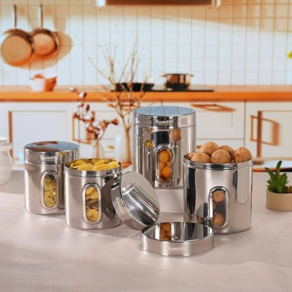 Sumeet Stainless Steel Small Containers/Jars/Dabba for Kitchen Storage with See Through Window - set of 4Pcs, 1100ml + 1820ml capacity, 11.5cm & 13.3cm Dia, Silver