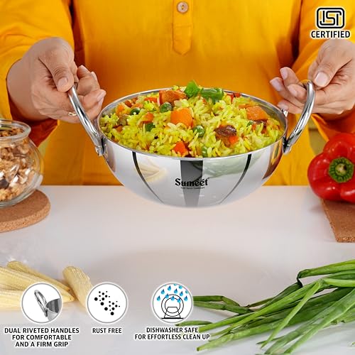 Sumeet ISI Certified Cook Smart TriPly Steel-Aluminium-Steel 3 Layer Round Bottom Kadai - 18cm, 1.350 LTR, Silver