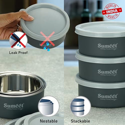 Sumeet Microwave Safe Stainless Steel Air Tight & Leak Proof Lunch Boxes/Storage Containers with Lids for Kitchen/Office/School, 240ml, 420ml, set of 2, Grey