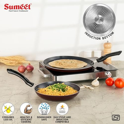 Sumeet Elegantia Induction Base Non Stick Aluminium Cookware Set of 2Pcs - Dosa Tawa 28cm / Tapper Pan 22cm / 1000ml Capacity | Gas and Induction Friendly | Cherry