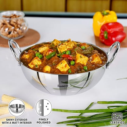Sumeet ISI Certified Cook Smart TriPly Steel-Aluminium-Steel 3 Layer Round Bottom Kadai - 22cm, 2.350Ltr, Silver