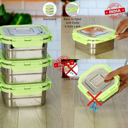 Sumeet Stainless Steel Square Shape Airtight Lock & Leak Proof Container/Lunch Box with Steel Lid - 300Ml, Pack of 3, Silver
