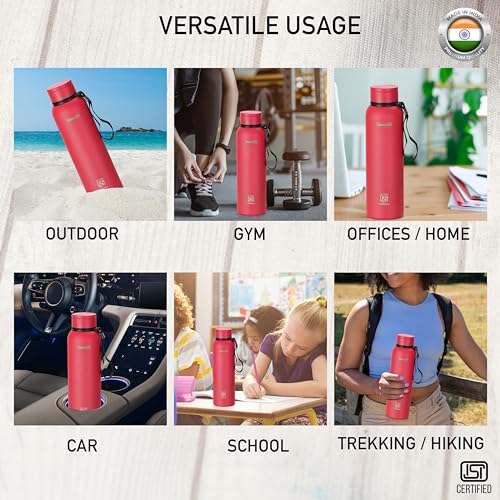 Sumeet Nero 24 Hrs Hot & Cold ISI Certified Stainless Steel Leak Proof Water Bottle for Office/School/College/Gym/Picnic/Home/Trekking -900ml, Pack of 1, Pink