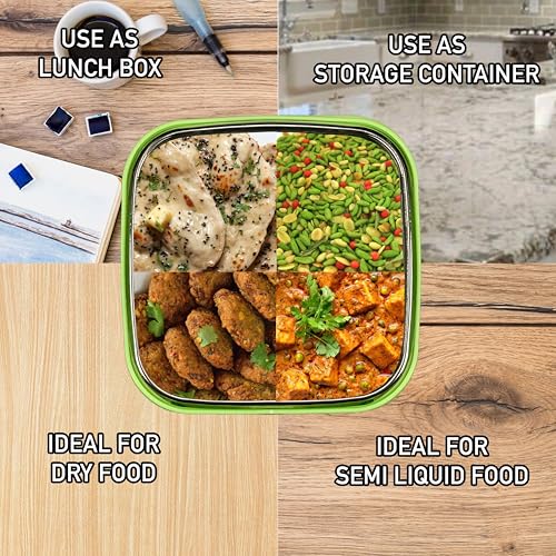 Sumeet Stainless Steel Square Shape Airtight Lock & Leak Proof Container/Lunch Box with Steel Lid - 300Ml, Pack of 1, Silver