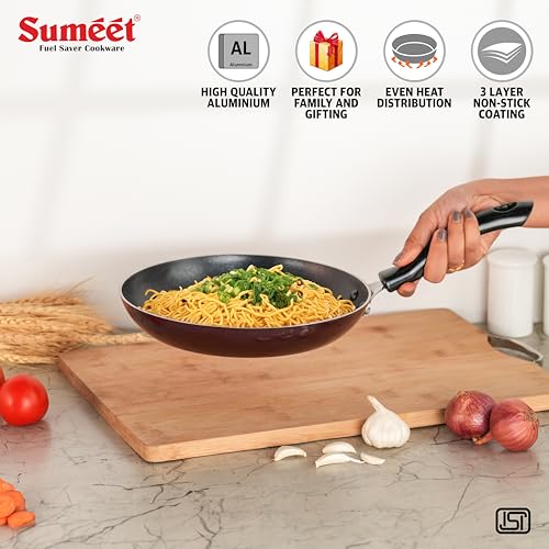 Sumeet Elegantia Induction Base Non Stick Aluminium Tapper Pan 22cm / 1000ml Capacity | Gas and Induction Friendly | Cherry