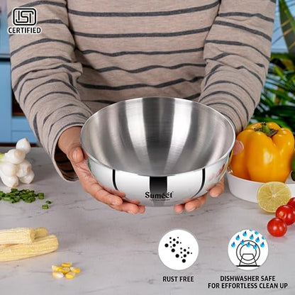 Sumeet ISI Certified Cook Smart TriPly Steel-Aluminium-Steel 3 Layer Round Bottom Tasra - 18cm, 1.350 LTR, Silver
