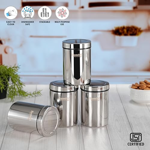 Sumeet ISI Certified Stainless Steel Air Tight Storage Container/Jar/Canister/Dabba with Threading Screw Cap for Kitchen - Pack of 4Pc, 8.3cm, 550ml, Silver