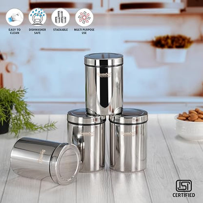 Sumeet ISI Certified Stainless Steel Air Tight Storage Container/Jar/Canister/Dabba with Threading Screw Cap for Kitchen - Pack of 4Pc, 8.3cm, 550ml, Silver