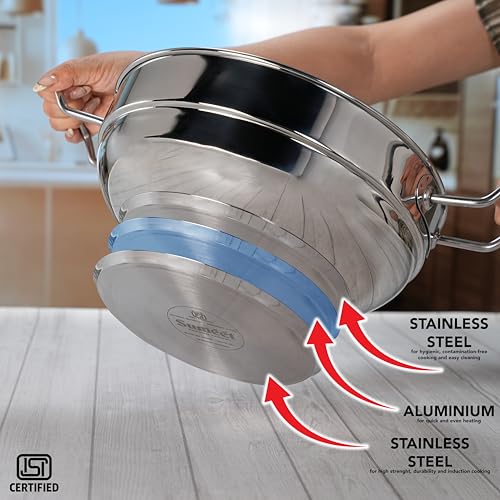 Sumeet ISI Certified Stainless Steel Induction Bottom Heavy Multi Kadai with 6 Plates - 2 Idli, 2 Dhokla/Patra, 1 Momo/Modak/Steamer, 1 Mini Idli Plate - 28cm, 4.7Ltr, Silver