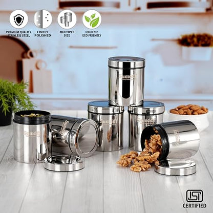 Sumeet ISI Certified Stainless Steel Air Tight Storage Container/Jar/Canister/Dabba with Threading Screw Cap for Kitchen - Pack of 6Pc, 8.3cm, 450ml, Silver