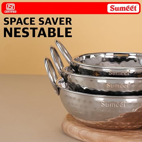 Sumeet ISI Certified Stainless Steel Induction and Gas Stove Friendly, Small Size, Hammered Design Kadai Set of 3Pc, 350ml, 550ml, 750ml, Silver