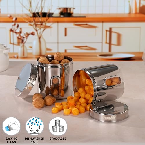 Sumeet Stainless Steel Small Containers/Jars/Dabba for Kitchen Storage with See Through Window - set of 2Pcs, 1820ml capacity each, 13.3cm Dia, Silver
