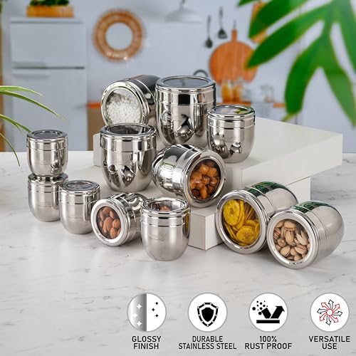 Sumeet Stainless Steel Conical Shape Canisters/Dabba/Storage Containers for Kitchen with See Through Lid, Set of 12 Pcs, (150ml-6cm Dia-3Pc, 250ml-7cm Dia-3Pc, 400ml-8.5cm -3Pc, 500ml-9cm 3Pc)- Silver