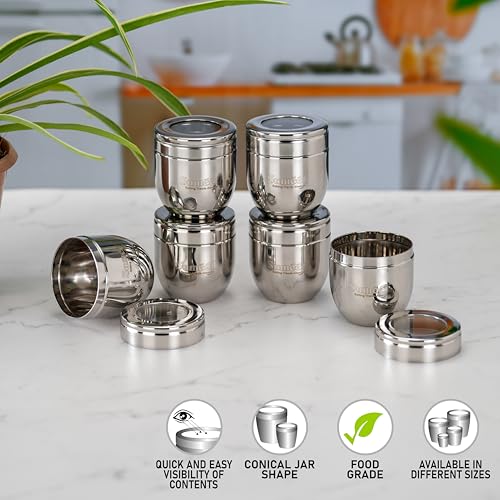 Sumeet Stainless Steel Conical Shape Canisters/Dabba/Storage Containers for Kitchen with See Through Lid, Set of 6 Pcs, 150ml Each, 6cm Dia, Silver