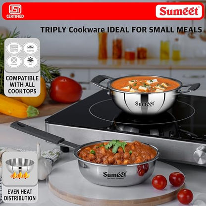 Sumeet Cook Smart ISI Certified Tri-Ply (Steel - Aluminium - Steel) Set of 2 Pcs Mini Kadai 370ml - FryingTadka Pan 400ml with Silicon Grip | Induction and Gas Friendly | 2.5mm Thick, Silver