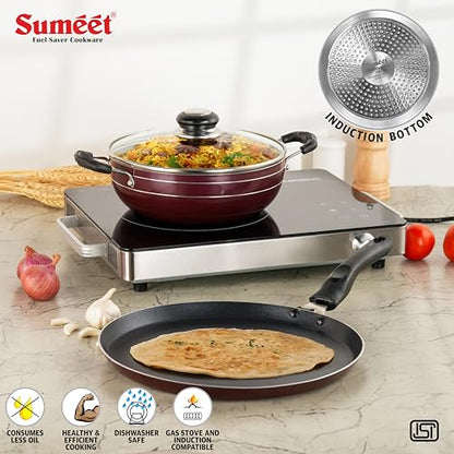 Sumeet Elegantia Induction Base Non Stick Aluminium Cookware Set of 3Pcs - Dosa Tawa 28cm / Deep Kadai with Glass Lid 21.5cm / 1800ml Capacity | Gas and Induction Friendly | Cherry