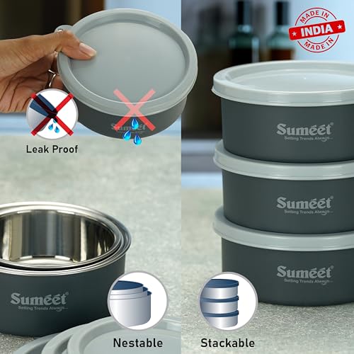 Sumeet Microwave Safe Stainless Steel Air Tight & Leak Proof Lunch Boxes/Storage Containers with Lids for Kitchen/Office/School, 320ml, 420ml, set of 2, Grey