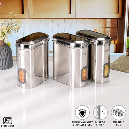 Sumeet ISI Certified Stainless Steel Capsul Canister/Container for Kitchen Storage with See Through Window - Set of 3 Pcs - 2600ml, Silver