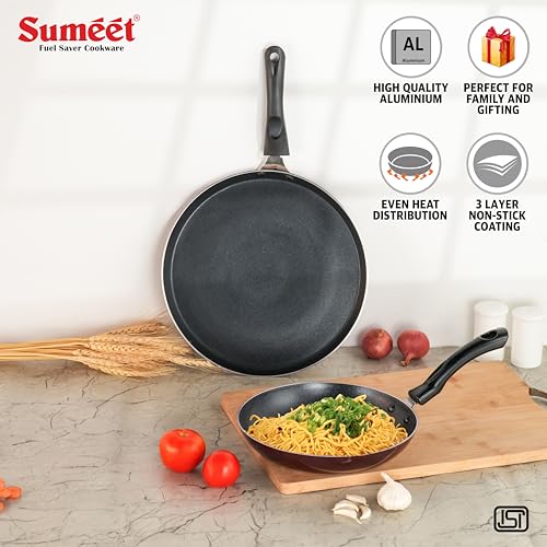 Sumeet Elegantia Induction Base Non Stick Aluminium Cookware Set of 2Pcs - Dosa Tawa 28cm / Tapper Pan 22cm / 1000ml Capacity | Gas and Induction Friendly | Cherry