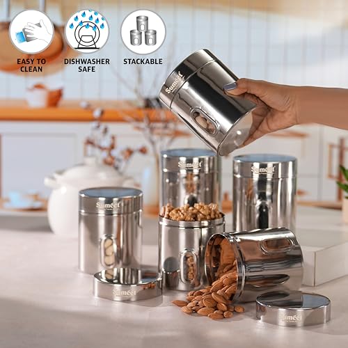 Sumeet Stainless Steel Small Containers/Jars/Dabba for Kitchen Storage with See Through Window - set of 6Pcs, 700ml capacity each, 9.5cm Dia, Silver