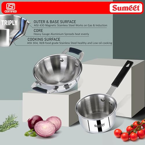 Sumeet Cook Smart ISI Certified Tri-Ply (Steel - Aluminium - Steel) Set of 3 Pcs Mini Kadai 370ml - SauceTadka Pan 450ml with Silicon Grip | Induction and Gas Friendly | 2.5mm Thick, Silver