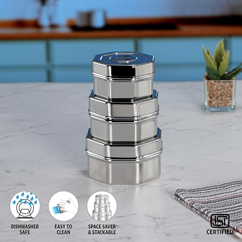 Sumeet ISI Certified Stainless Steel Hexagon Shape Small Canisters/Dabba/Storage Containers for Kitchen, Set of 3, 210ml. 270ml, 380ml - Silver
