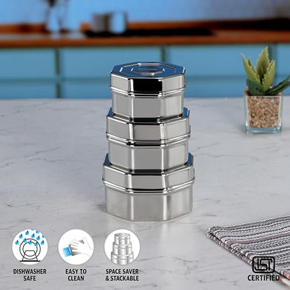 Sumeet ISI Certified Stainless Steel Hexagon Shape Small Canisters/Dabba/Storage Containers for Kitchen, Set of 3, 210ml. 270ml, 380ml - Silver