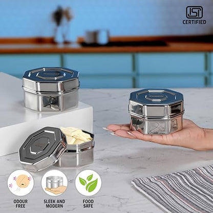 Sumeet ISI Certified Stainless Steel Hexagon Shape Small Canisters/Dabba/Storage Containers for Kitchen, Set of 3, 210ml. 270ml, 380ml - Silver