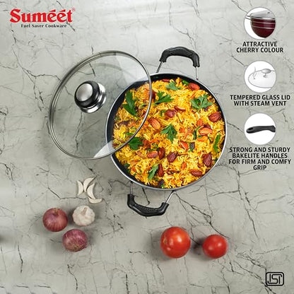 Sumeet Elegantia Induction Base Non Stick Aluminium Deep Kadai with Glass Lid 21.5cm / 1800ml Capacity | Gas and Induction Friendly | Cherry