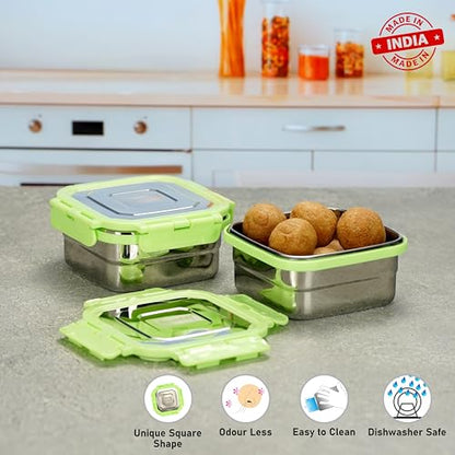 Sumeet Stainless Steel Square Shape Airtight Lock & Leak Proof Container/Lunch Box with Steel Lid - 550Ml, Pack of 2, Silver