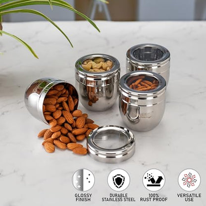 Sumeet Stainless Steel Conical Shape Canisters/Dabba/Storage Containers for Kitchen with See Through Lid, Set of 4 Pcs, 250ml Each, 7cm Dia, Silver