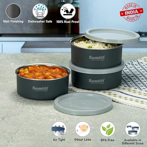 Sumeet Microwave Safe Stainless Steel Air Tight & Leak Proof Lunch Boxes/Storage Containers with Lids for Kitchen/Office/School, 420ml, set of 3, Grey