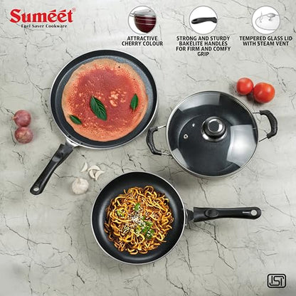 Sumeet Elegantia Induction Base Non Stick Aluminium Cookware Set of 4Pcs - Dosa Tawa 28cm / Deep Kadai with Glass Lid 21.5cm / Fry Pan 21.5cm / 1550ml Capacity | Gas and Induction Friendly | Cherry