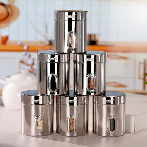 Sumeet Stainless Steel Small Containers/Jars/Dabba for Kitchen Storage with See Through Window - set of 6Pcs, 700ml capacity each, 9.5cm Dia, Silver