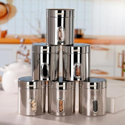 Sumeet Stainless Steel Small Containers/Jars/Dabba for Kitchen Storage with See Through Window - set of 6Pcs, 700ml capacity each, 9.5cm Dia, Silver