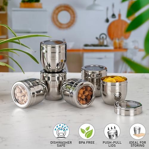 Sumeet Stainless Steel Conical Shape Canisters/Dabba/Storage Containers for Kitchen with See Through Lid, Set of 6 Pcs, 400ml Each, 8.5cm Dia, Silver