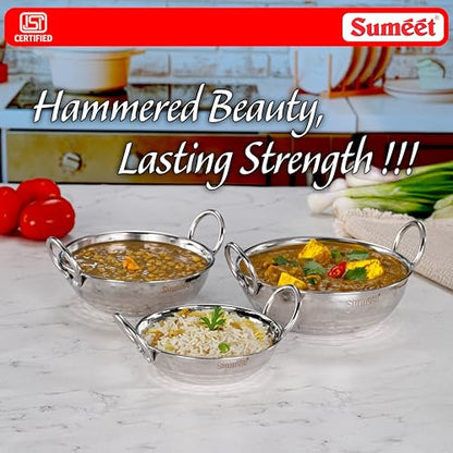 Sumeet ISI Certified Stainless Steel Induction and Gas Stove Friendly, Small Size, Hammered Design Kadai Set of 3Pc, 350ml, 550ml, 750ml, Silver