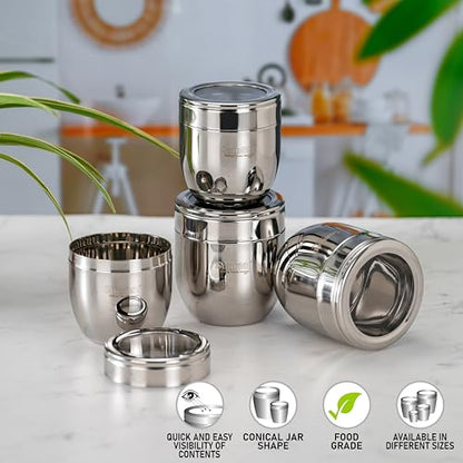 Sumeet Stainless Steel Conical Shape Canisters/Dabba/Storage Containers for Kitchen with See Through Lid, Set of 4 Pcs, (400ml-8.5cm Dia-2Pc & 500ml-9cm Dia-2Pc), Silver