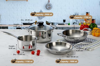 Sumeet Cook Smart TriPly Stainless Steel 5Pc Induction Base Cookware Set of Deep Kadai - 20cm - 1.7L, Frypan - 20Cm - 1 LTR, Saucepan - 14Cm, Casserole - 20cm - 2.9Ltr & Glass Lid, Pack of 5 - Silver